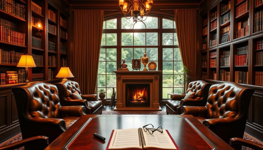 A well-appointed study with rich leather armchairs and a large mahogany desk. Warm lighting from a fireplace casts a cozy glow, while tall bookshelves line the walls, symbolizing the wisdom and experience of the estate's trustees. On the desk, an open ledger and a pair of reading glasses suggest the careful management of the family's inheritance. Through the window, a lush garden scene provides a serene, tranquil backdrop, reflecting the care and attention given to preserving the family's legacy. A well-appointed study with rich leather armchairs and a large mahogany desk. Warm lighting from a fireplace casts a cozy glow, while tall bookshelves line the walls, symbolizing the wisdom and experience of the estate's trustees. On the desk, an open ledger and a pair of reading glasses suggest the careful management of the family's inheritance. Through the window, a lush garden scene provides a serene, tranquil backdrop, reflecting the care and attention given to preserving the family's legacy.
