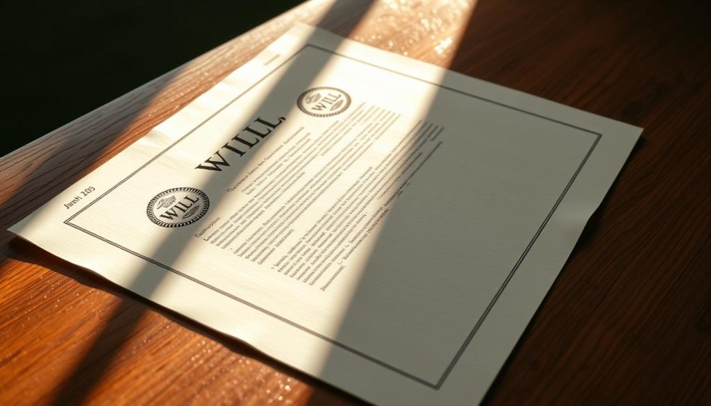 A well-crafted will document, elegantly displayed on a polished wooden table, bathed in soft, warm lighting. The paper's crisp edges and embossed seals suggest the gravity and importance of the legal proceedings. Subtle shadows cast by the document evoke a sense of thoughtfulness and careful consideration. The background is a muted, professional palette, allowing the will to take center stage as the focal point. The overall composition conveys the seriousness and significance of estate planning, ready to illustrate the advantages of having a comprehensive will. A well-crafted will document, elegantly displayed on a polished wooden table, bathed in soft, warm lighting. The paper's crisp edges and embossed seals suggest the gravity and importance of the legal proceedings. Subtle shadows cast by the document evoke a sense of thoughtfulness and careful consideration. The background is a muted, professional palette, allowing the will to take center stage as the focal point. The overall composition conveys the seriousness and significance of estate planning, ready to illustrate the advantages of having a comprehensive will.