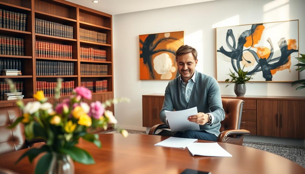 A well-designed office interior with a large wooden desk, modern leather chairs, and a tasteful floral arrangement. In the foreground, a married couple sits together, reviewing financial documents and discussing inheritance tax planning strategies. Soft natural lighting filters in through large windows, creating a warm and professional atmosphere. The background features bookcases filled with legal volumes and a striking abstract artwork on the wall, conveying a sense of expertise and thoughtfulness. The couple's expressions are serious yet hopeful, reflecting the importance of this process for their financial future. A well-designed office interior with a large wooden desk, modern leather chairs, and a tasteful floral arrangement. In the foreground, a married couple sits together, reviewing financial documents and discussing inheritance tax planning strategies. Soft natural lighting filters in through large windows, creating a warm and professional atmosphere. The background features bookcases filled with legal volumes and a striking abstract artwork on the wall, conveying a sense of expertise and thoughtfulness. The couple's expressions are serious yet hopeful, reflecting the importance of this process for their financial future.