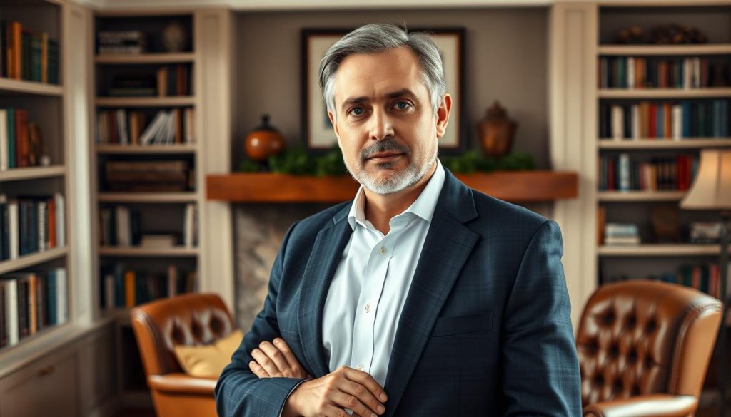 A well-dressed, mature financial advisor standing in a cozy home office, surrounded by bookshelves, a leather armchair, and a warm fireplace. The advisor has a pensive expression, conveying a sense of professionalism and expertise. Soft, diffused lighting creates a welcoming ambiance, highlighting the advisor's face and the details of the room. The composition emphasizes the advisor's role as a trusted guide, with the room's furnishings and decor suggesting an environment of thoughtful financial planning and secure, long-term wealth management. A well-dressed, mature financial advisor standing in a cozy home office, surrounded by bookshelves, a leather armchair, and a warm fireplace. The advisor has a pensive expression, conveying a sense of professionalism and expertise. Soft, diffused lighting creates a welcoming ambiance, highlighting the advisor's face and the details of the room. The composition emphasizes the advisor's role as a trusted guide, with the room's furnishings and decor suggesting an environment of thoughtful financial planning and secure, long-term wealth management.