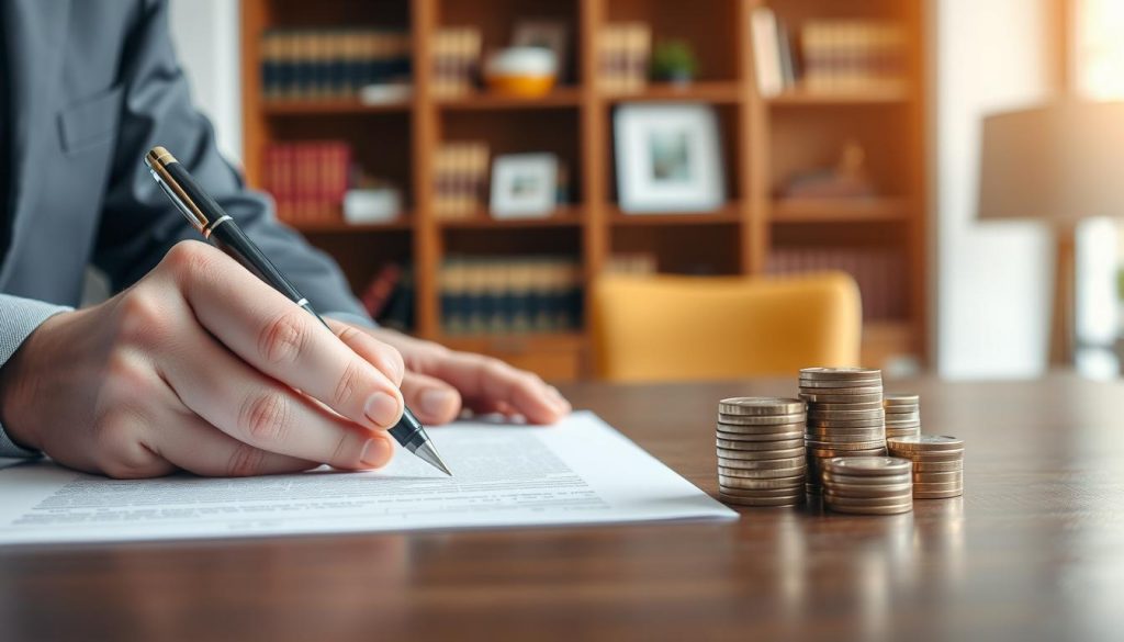 A well-lit and balanced composition depicting the intersection of charitable donations and inheritance tax relief. In the foreground, a person's hand holding a pen signs a legal document, signifying a charitable bequest. The middle ground showcases a stack of coins, representing the financial aspect of inheritance tax relief. In the background, a warm and inviting interior with bookshelves and decorative elements suggests a professional setting, such as a law office or a financial advisory firm. The lighting is soft and diffused, creating a sense of professionalism and trust. The overall mood is one of thoughtful contemplation and financial responsibility.