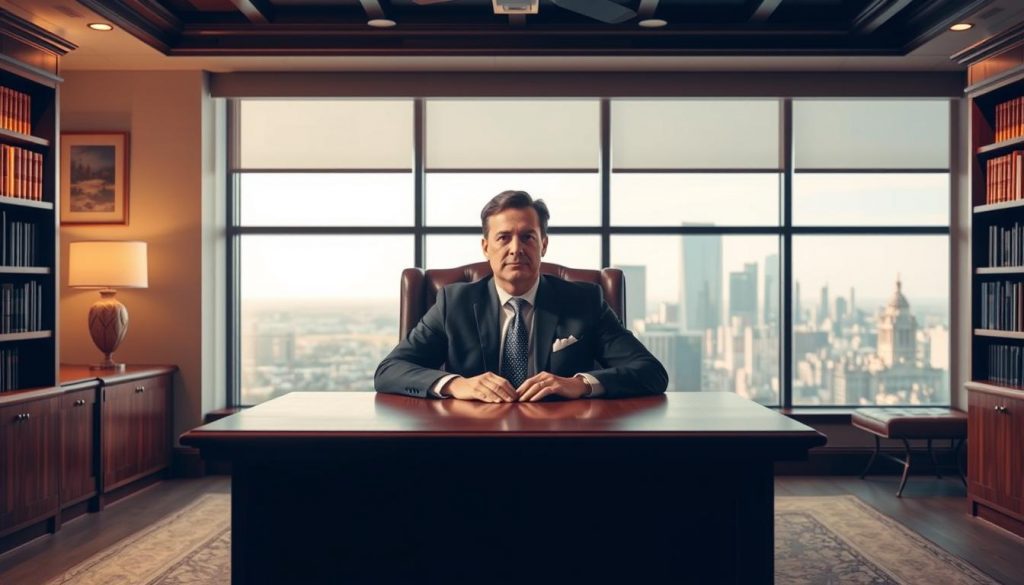 A well-lit and spacious office interior, with a large wooden desk in the foreground. Behind the desk, a well-dressed person sits in a comfortable chair, in a thoughtful, contemplative pose. The person's face is slightly obscured, but their confident and trustworthy demeanor is evident. The background features bookshelves, framed artwork, and a large window overlooking a city skyline, creating a sense of authority and professionalism. Soft, directional lighting casts subtle shadows, adding depth and dimension to the scene. The overall atmosphere conveys a sense of thoughtful decision-making and reliable guidance, suitable for the task of "Choosing the Right Trustee". A well-lit and spacious office interior, with a large wooden desk in the foreground. Behind the desk, a well-dressed person sits in a comfortable chair, in a thoughtful, contemplative pose. The person's face is slightly obscured, but their confident and trustworthy demeanor is evident. The background features bookshelves, framed artwork, and a large window overlooking a city skyline, creating a sense of authority and professionalism. Soft, directional lighting casts subtle shadows, adding depth and dimension to the scene. The overall atmosphere conveys a sense of thoughtful decision-making and reliable guidance, suitable for the task of "Choosing the Right Trustee".