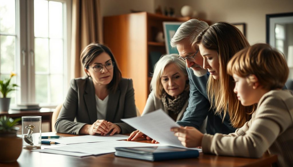 A well-lit, cinematic scene depicting the "Power of Attorney Prevention Strategies" for an article on protecting families from abuse. In the foreground, a family gathered around a table, thoughtfully reviewing documents and discussing legal safeguards. The middle ground features a lawyer or financial advisor guiding them, their expression serious yet reassuring. The background showcases a warm, domestic setting with hints of a home office, conveying a sense of security and control. Soft lighting and a shallow depth of field create an atmosphere of care and diligence, underscoring the importance of proactive measures to safeguard one's loved ones. A well-lit, cinematic scene depicting the "Power of Attorney Prevention Strategies" for an article on protecting families from abuse. In the foreground, a family gathered around a table, thoughtfully reviewing documents and discussing legal safeguards. The middle ground features a lawyer or financial advisor guiding them, their expression serious yet reassuring. The background showcases a warm, domestic setting with hints of a home office, conveying a sense of security and control. Soft lighting and a shallow depth of field create an atmosphere of care and diligence, underscoring the importance of proactive measures to safeguard one's loved ones.