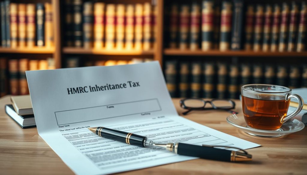 A well-lit, crisp, and organized desk scene featuring an HMRC Inheritance Tax Refund Claim form front and center. The form is neatly placed on a clean, wooden desktop, alongside a stylish fountain pen, a pair of reading glasses, and a cup of freshly brewed tea. The background is softly blurred, with a bookshelf filled with legal volumes providing a sense of authority and professionalism. The lighting is warm and natural, casting a gentle glow over the entire composition. The overall mood is one of diligence, attention to detail, and the confidence of navigating the inheritance tax refund process successfully. A well-lit, crisp, and organized desk scene featuring an HMRC Inheritance Tax Refund Claim form front and center. The form is neatly placed on a clean, wooden desktop, alongside a stylish fountain pen, a pair of reading glasses, and a cup of freshly brewed tea. The background is softly blurred, with a bookshelf filled with legal volumes providing a sense of authority and professionalism. The lighting is warm and natural, casting a gentle glow over the entire composition. The overall mood is one of diligence, attention to detail, and the confidence of navigating the inheritance tax refund process successfully.