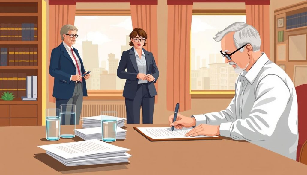 A well-lit, detailed illustration depicting the process of appointing a power of attorney. In the foreground, a person sits at a desk, signing legal documents. Surrounding them are stacks of papers, a pen, and a glass of water, creating a sense of focus and importance. In the middle ground, a legal advisor stands nearby, guiding the process. The background features a warm, professional office setting with shelves of law books and a window overlooking a cityscape, conveying the gravitas and legality of the situation. Soft, natural lighting and a muted color palette contribute to an atmosphere of trust and expertise.