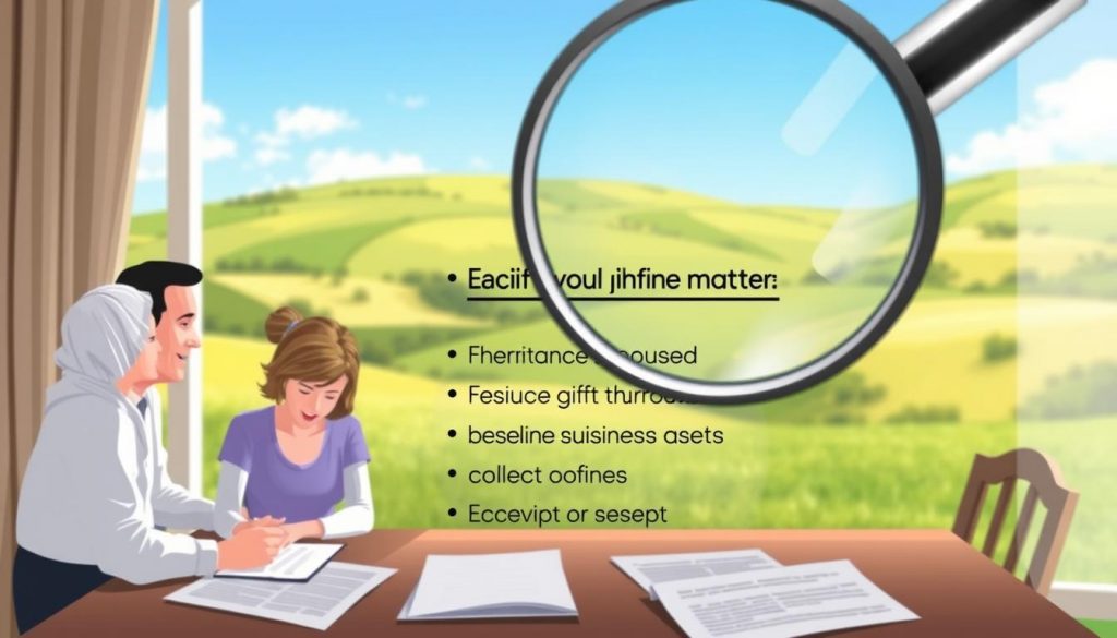 A well-lit, detailed illustration depicting various exemptions from inheritance tax in the UK. In the foreground, a family gathers around a table, discussing estate planning documents. The middle ground features a magnifying glass hovering over a list of inheritance tax exemptions, including gifts between spouses, charitable donations, and certain business assets. The background showcases a serene, pastoral landscape, with a rolling hillside and a clear, blue sky. The overall composition conveys a sense of financial security, thoughtful planning, and the special considerations that allow for certain inheritance tax exemptions.