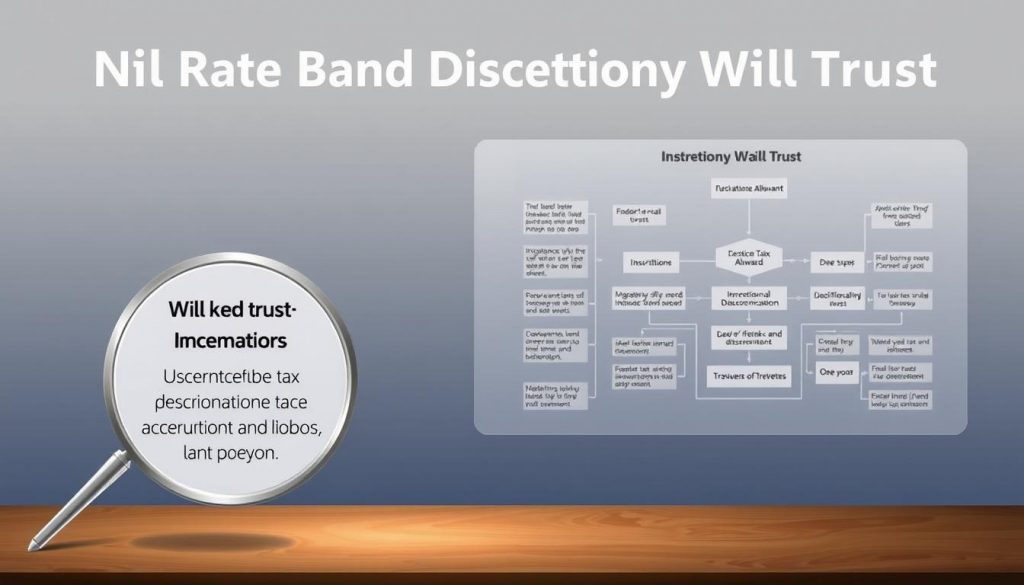 A well-lit, detailed illustration of a Nil Rate Band Discretionary Will Trust, showcasing its inner workings. The foreground features a magnified view of the trust's core components, including the inheritance tax-free allowance, discretionary distribution powers, and the role of trustees. The middle ground depicts a comprehensive diagram outlining the trust's structure and key functionalities. The background setting suggests a professional, legal environment with a subtle gradient and minimal distractions, emphasizing the technical nature of the subject matter. The overall mood is one of clarity and visual explanation, guiding the viewer through the mechanics of this specialized estate planning tool. A well-lit, detailed illustration of a Nil Rate Band Discretionary Will Trust, showcasing its inner workings. The foreground features a magnified view of the trust's core components, including the inheritance tax-free allowance, discretionary distribution powers, and the role of trustees. The middle ground depicts a comprehensive diagram outlining the trust's structure and key functionalities. The background setting suggests a professional, legal environment with a subtle gradient and minimal distractions, emphasizing the technical nature of the subject matter. The overall mood is one of clarity and visual explanation, guiding the viewer through the mechanics of this specialized estate planning tool.