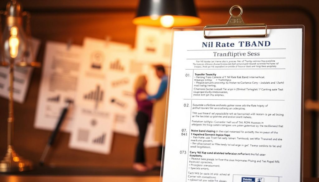A well-lit, detailed illustration of the "Nil Rate Band Transfer Process" depicting a step-by-step visual guide. In the foreground, a legal document showcases the key information and requirements for the transfer process, with clear labels and icons. The middle ground features a stylized representation of two individuals, likely spouses, engaged in the transfer, with a softly focused background of financial documents and legal symbols. Lighting is warm and inviting, creating a sense of professionalism and trustworthiness. The composition is balanced, using a mixture of realism and abstract elements to convey the technical nature of the subject matter in an accessible, visually engaging manner.