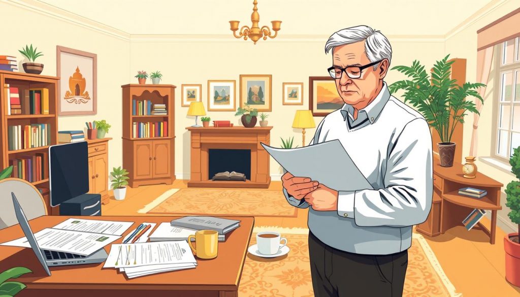 A well-lit, detailed illustration showcasing the process of claiming the Residence Nil Rate Band. In the foreground, a middle-aged adult standing in a warm, inviting home office, reviewing important paperwork related to estate planning and inheritance tax. The middle ground features a desk with a laptop, reference materials, and a cup of tea, conveying a sense of diligence and focus. The background depicts a cozy, well-appointed living room with bookshelves, artwork, and soft lighting, creating a comfortable, contemplative atmosphere. The overall scene should convey the importance and complexity of navigating the Residence Nil Rate Band claim, while also suggesting a sense of empowerment and clarity.