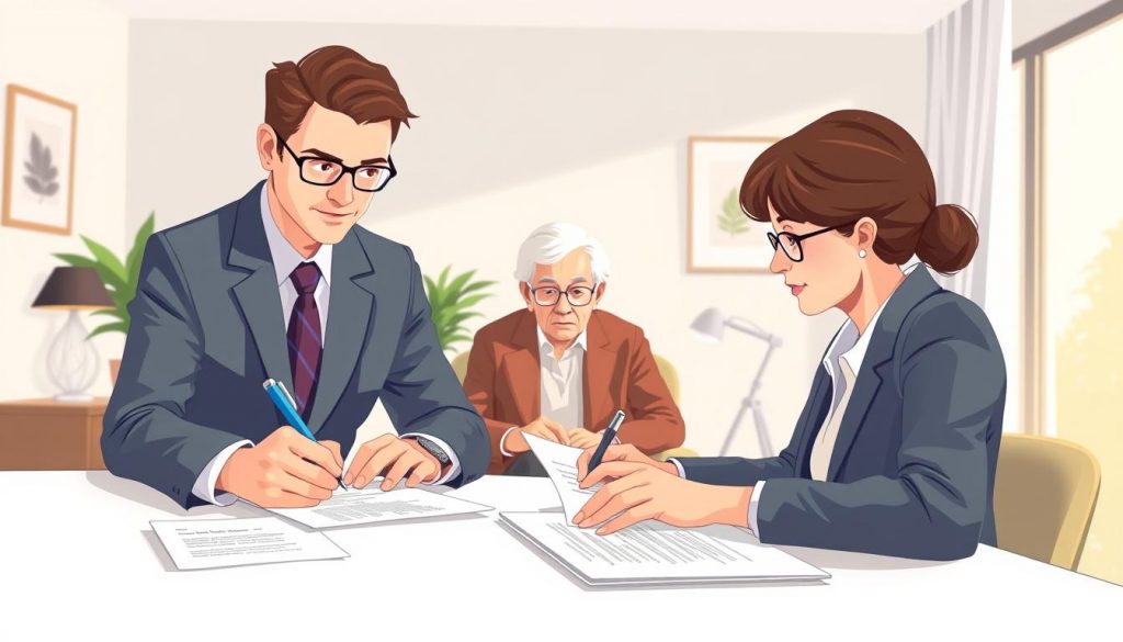 A well-lit, detailed illustration showcasing the responsibilities of a power of attorney. The foreground depicts a professional business person signing official documents, conveying the legal and financial aspects of the role. The middle ground features an elderly person and a family member, emphasizing the trust and care involved. In the background, a modern office setting with minimalist decor and soft, warm lighting creates a professional atmosphere. The overall mood is one of responsibility, professionalism, and care, capturing the essence of power of attorney duties. A well-lit, detailed illustration showcasing the responsibilities of a power of attorney. The foreground depicts a professional business person signing official documents, conveying the legal and financial aspects of the role. The middle ground features an elderly person and a family member, emphasizing the trust and care involved. In the background, a modern office setting with minimalist decor and soft, warm lighting creates a professional atmosphere. The overall mood is one of responsibility, professionalism, and care, capturing the essence of power of attorney duties.