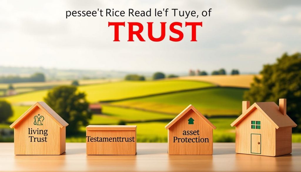 A well-lit, detailed illustration showcasing various types of trusts commonly used in the UK. Prominently displayed in the foreground are the key trust structures - a living trust, a testamentary trust, a charitable trust, and an asset protection trust. Each trust is depicted with its own unique visual characteristics, allowing viewers to clearly distinguish between the different trust models. The middle ground features financial and legal icons, subtly hinting at the legal and financial considerations involved in trust establishment. The background depicts a serene English countryside scene, creating a sense of stability and tradition associated with UK trust law. The overall aesthetic is clean, professional, and informative, suitable for inclusion in the "Choosing the Right Type of Trust" section of the article. A well-lit, detailed illustration showcasing various types of trusts commonly used in the UK. Prominently displayed in the foreground are the key trust structures - a living trust, a testamentary trust, a charitable trust, and an asset protection trust. Each trust is depicted with its own unique visual characteristics, allowing viewers to clearly distinguish between the different trust models. The middle ground features financial and legal icons, subtly hinting at the legal and financial considerations involved in trust establishment. The background depicts a serene English countryside scene, creating a sense of stability and tradition associated with UK trust law. The overall aesthetic is clean, professional, and informative, suitable for inclusion in the "Choosing the Right Type of Trust" section of the article.