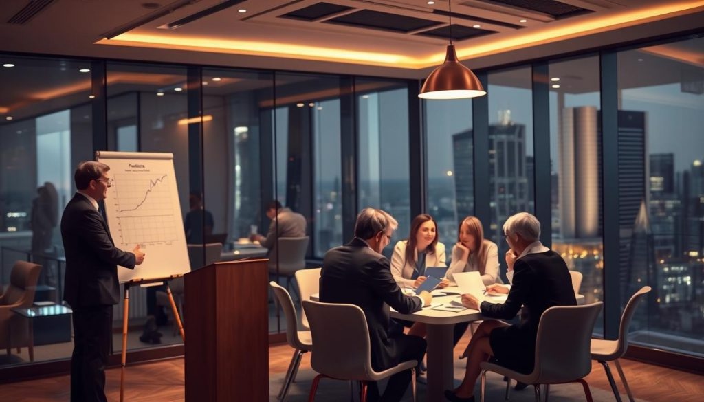 A well-lit, detailed scene depicting the various methods for valuing a family business. In the foreground, a businessman in a suit standing at a podium, gesturing towards a whiteboard displaying a financial chart. In the middle ground, a group of family members gathered around a conference table, discussing documents and financial reports. The background showcases a modern, glass-walled office with cityscape views, conveying a professional, corporate atmosphere. The lighting is warm and inviting, with a focus on the central figures and the business valuation materials. The overall mood is one of serious consideration and careful analysis, reflecting the importance of accurate business valuation for family inheritance planning. A well-lit, detailed scene depicting the various methods for valuing a family business. In the foreground, a businessman in a suit standing at a podium, gesturing towards a whiteboard displaying a financial chart. In the middle ground, a group of family members gathered around a conference table, discussing documents and financial reports. The background showcases a modern, glass-walled office with cityscape views, conveying a professional, corporate atmosphere. The lighting is warm and inviting, with a focus on the central figures and the business valuation materials. The overall mood is one of serious consideration and careful analysis, reflecting the importance of accurate business valuation for family inheritance planning.