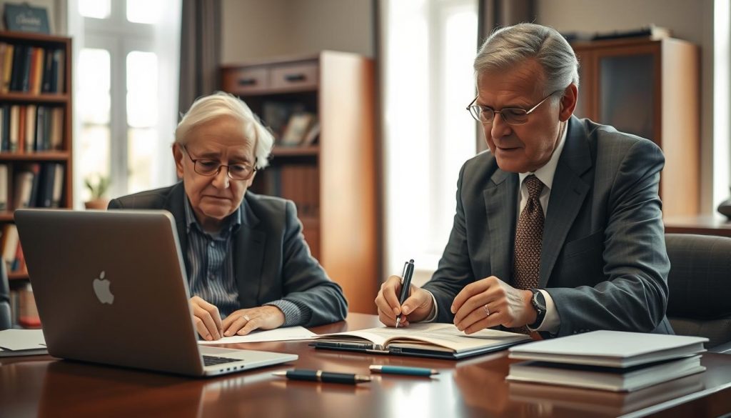 A well-lit, documentary-style interior scene depicting the process of making a lasting power of attorney. In the foreground, an elderly person is carefully reviewing and signing legal documents with the assistance of a professional, mature advisor. The middle ground shows a desk with a laptop, pens, and other office supplies, suggesting a formal setting. The background features bookcases and filing cabinets, conveying a sense of trust and authority. The lighting is natural and warm, creating a contemplative and serious atmosphere, emphasizing the gravity and importance of the legal process. A well-lit, documentary-style interior scene depicting the process of making a lasting power of attorney. In the foreground, an elderly person is carefully reviewing and signing legal documents with the assistance of a professional, mature advisor. The middle ground shows a desk with a laptop, pens, and other office supplies, suggesting a formal setting. The background features bookcases and filing cabinets, conveying a sense of trust and authority. The lighting is natural and warm, creating a contemplative and serious atmosphere, emphasizing the gravity and importance of the legal process.