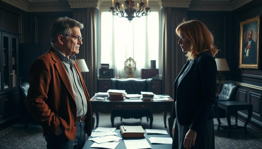 A well-lit, dramatic scene depicting the challenges of joint power of attorney. In the foreground, two individuals, one male and one female, stand facing each other with expressions of confusion and disagreement, representing the potential conflicts that can arise when multiple attorneys make decisions. The middle ground features a cluttered desk with scattered documents and a legal book, symbolizing the complex legal and administrative issues involved. The background is a dimly lit, elegant office setting, creating a sense of seriousness and gravity. The overall mood is one of tension and unease, reflecting the difficulties that can arise when navigating the joint power of attorney process.