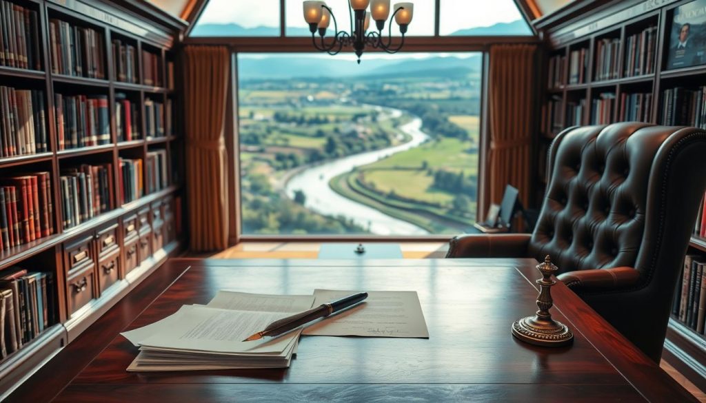 A well-lit, expansive study with bookshelves lining the walls, a large mahogany desk in the foreground, and a plush leather armchair beside it. On the desk, a stack of legal documents, a quill pen, and a brass magnifying glass, hinting at the meticulous planning involved in estate management. Through the window in the background, a picturesque landscape of rolling hills and a winding river, conveying a sense of legacy and generational wealth. The overall mood is one of sophistication, attention to detail, and a thoughtful approach to securing the future. A well-lit, expansive study with bookshelves lining the walls, a large mahogany desk in the foreground, and a plush leather armchair beside it. On the desk, a stack of legal documents, a quill pen, and a brass magnifying glass, hinting at the meticulous planning involved in estate management. Through the window in the background, a picturesque landscape of rolling hills and a winding river, conveying a sense of legacy and generational wealth. The overall mood is one of sophistication, attention to detail, and a thoughtful approach to securing the future.