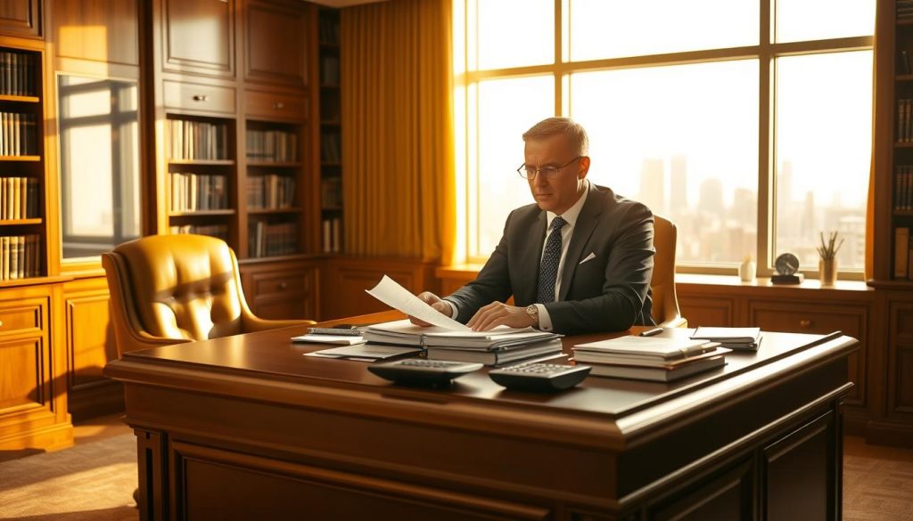 A well-lit financial office with a large mahogany desk, a plush leather chair, and rows of bookshelves lining the walls. On the desk, a stack of financial reports, a calculator, and a trustworthy-looking executive gazing pensively at the documents. The room is bathed in a warm, golden glow from a large window, casting a sense of stability and security. In the background, a cityscape can be seen through the window, symbolizing the wealth and resources available to the trust. The overall atmosphere conveys a sense of professionalism, expertise, and confidence in the trust's financial capabilities. A well-lit financial office with a large mahogany desk, a plush leather chair, and rows of bookshelves lining the walls. On the desk, a stack of financial reports, a calculator, and a trustworthy-looking executive gazing pensively at the documents. The room is bathed in a warm, golden glow from a large window, casting a sense of stability and security. In the background, a cityscape can be seen through the window, symbolizing the wealth and resources available to the trust. The overall atmosphere conveys a sense of professionalism, expertise, and confidence in the trust's financial capabilities.