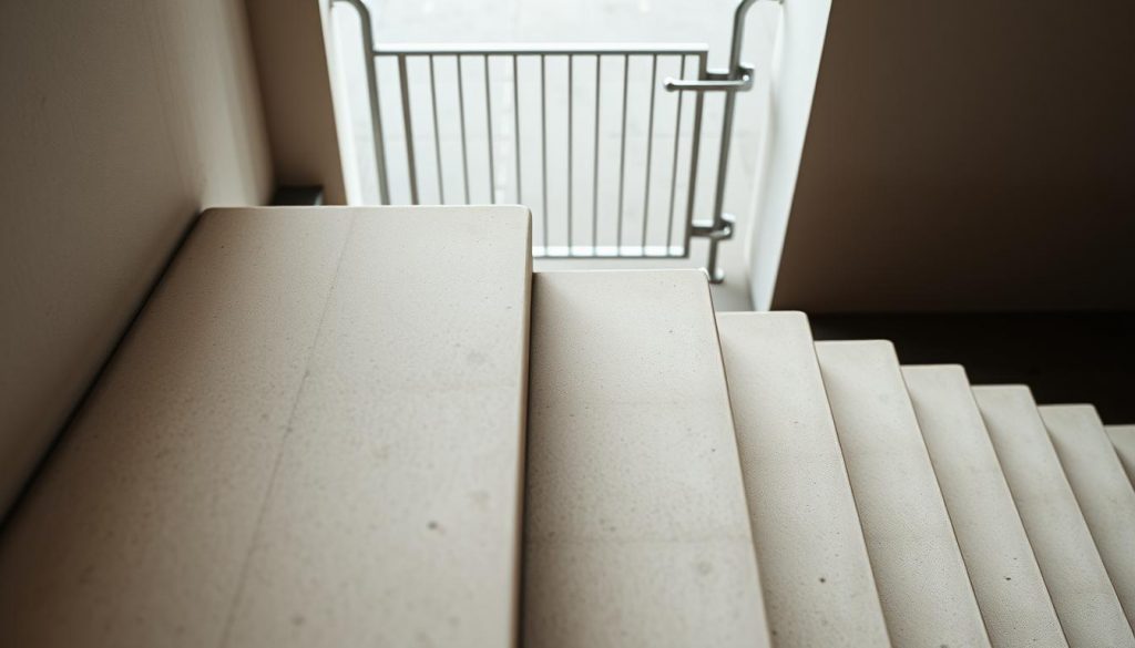 A well-lit, high-angle view of a series of concrete steps leading up to a metal gate, symbolizing the various stages involved in establishing a trust fund. The steps are clean and uniform, with a subtle texture to the surface. The gate is simple but sturdy, representing the security and stability a trust fund can provide. The background is blurred, with a sense of depth and distance, drawing the viewer's focus to the steps and the gate. The overall mood is one of order, progress, and financial responsibility, reflecting the thoughtful process of setting up a trust fund.