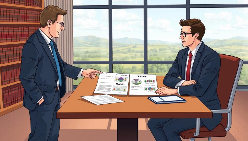 A well-lit, high-resolution illustration of an estate planner guiding a client through the process of choosing the right type of trust. The estate planner stands in the foreground, dressed professionally, pointing to a table displaying various trust documents and diagrams. The client, seated across the table, listens intently, their expression pensive. In the background, a bookshelf filled with legal volumes and a large window overlooking a scenic landscape create a sense of authority and gravitas. The scene conveys the importance of carefully selecting the appropriate trust to meet the client's unique financial and estate planning needs. A well-lit, high-resolution illustration of an estate planner guiding a client through the process of choosing the right type of trust. The estate planner stands in the foreground, dressed professionally, pointing to a table displaying various trust documents and diagrams. The client, seated across the table, listens intently, their expression pensive. In the background, a bookshelf filled with legal volumes and a large window overlooking a scenic landscape create a sense of authority and gravitas. The scene conveys the importance of carefully selecting the appropriate trust to meet the client's unique financial and estate planning needs.