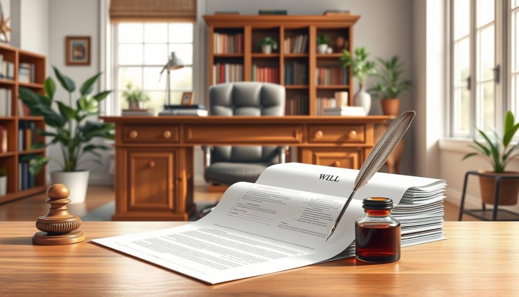 A well-lit, high-resolution illustration showcasing a meticulously crafted, tax-efficient will. The foreground features a neatly organized stack of legal documents, with a quill pen and inkwell beside them. In the middle ground, a sturdy oak desk with a minimalist, elegant design frames the scene. The background depicts a sunlit, cozy home office, with bookshelves lining the walls and potted plants adding a touch of natural warmth. The overall atmosphere conveys a sense of professionalism, attention to detail, and the importance of effective estate planning.