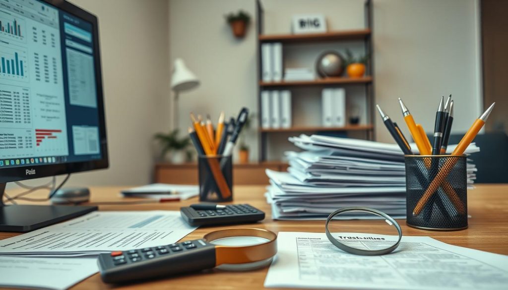 A well-lit, high-resolution image of a trust accountant's desk, showcasing the different tasks and responsibilities associated with trust accounting. In the foreground, a desktop computer displays detailed financial statements and ledgers. Next to it, a stack of client files, a calculator, and a pen holder filled with various writing instruments. In the middle ground, a magnifying glass rests on a document, highlighting the attention to detail required in trust accounting. The background features a bookshelf with reference materials and a minimalist office decor, conveying a professional and organized work environment. A well-lit, high-resolution image of a trust accountant's desk, showcasing the different tasks and responsibilities associated with trust accounting. In the foreground, a desktop computer displays detailed financial statements and ledgers. Next to it, a stack of client files, a calculator, and a pen holder filled with various writing instruments. In the middle ground, a magnifying glass rests on a document, highlighting the attention to detail required in trust accounting. The background features a bookshelf with reference materials and a minimalist office decor, conveying a professional and organized work environment.
