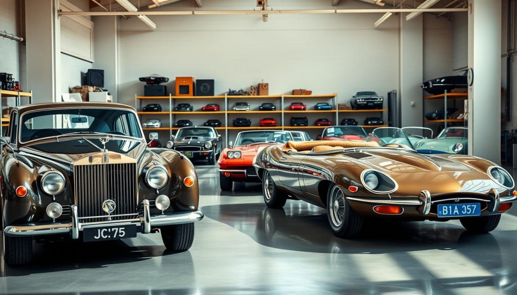 A well-lit, high-resolution photograph of a classic car collection in a pristine, sun-drenched garage. In the foreground, a vintage Rolls-Royce and a classic Jaguar E-Type are prominently displayed, their chrome and gleaming paintwork catching the light. In the middle ground, a selection of other classic cars, including a Ford Mustang and a Chevrolet Corvette, are neatly arranged, showcasing their timeless designs. The background is filled with shelves and storage units, hinting at the owner's meticulous care and attention to their automotive inheritance. The overall atmosphere is one of elegance, heritage, and the enduring appeal of these iconic machines. A well-lit, high-resolution photograph of a classic car collection in a pristine, sun-drenched garage. In the foreground, a vintage Rolls-Royce and a classic Jaguar E-Type are prominently displayed, their chrome and gleaming paintwork catching the light. In the middle ground, a selection of other classic cars, including a Ford Mustang and a Chevrolet Corvette, are neatly arranged, showcasing their timeless designs. The background is filled with shelves and storage units, hinting at the owner's meticulous care and attention to their automotive inheritance. The overall atmosphere is one of elegance, heritage, and the enduring appeal of these iconic machines.