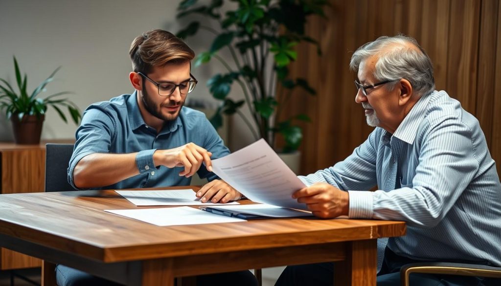 A well-lit, high-resolution photograph of two people, a younger person and an older person, sitting at a table and discussing documents. The older person is pointing at the documents, explaining their significance, while the younger person is listening intently. The table is made of oak, and there is a potted plant in the background, creating a warm and professional atmosphere. The lighting is soft and natural, illuminating the scene with a sense of focus and purpose. The camera angle is slightly elevated, capturing the interaction from a slightly higher perspective. A well-lit, high-resolution photograph of two people, a younger person and an older person, sitting at a table and discussing documents. The older person is pointing at the documents, explaining their significance, while the younger person is listening intently. The table is made of oak, and there is a potted plant in the background, creating a warm and professional atmosphere. The lighting is soft and natural, illuminating the scene with a sense of focus and purpose. The camera angle is slightly elevated, capturing the interaction from a slightly higher perspective.
