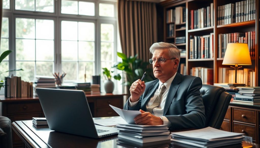 A well-lit home office scene, with a mahogany desk and bookshelves filled with financial documents. A middle-aged professional, dressed in a crisp suit, sits deep in thought, pen in hand, surrounded by stacks of papers and a laptop displaying inheritance tax planning software. The warm, inviting lighting casts an air of focused contemplation, as the subject carefully considers their inheritance tax strategy. The background features a large window overlooking a lush, verdant garden, hinting at the importance of legacy and wealth preservation. A well-lit home office scene, with a mahogany desk and bookshelves filled with financial documents. A middle-aged professional, dressed in a crisp suit, sits deep in thought, pen in hand, surrounded by stacks of papers and a laptop displaying inheritance tax planning software. The warm, inviting lighting casts an air of focused contemplation, as the subject carefully considers their inheritance tax strategy. The background features a large window overlooking a lush, verdant garden, hinting at the importance of legacy and wealth preservation.