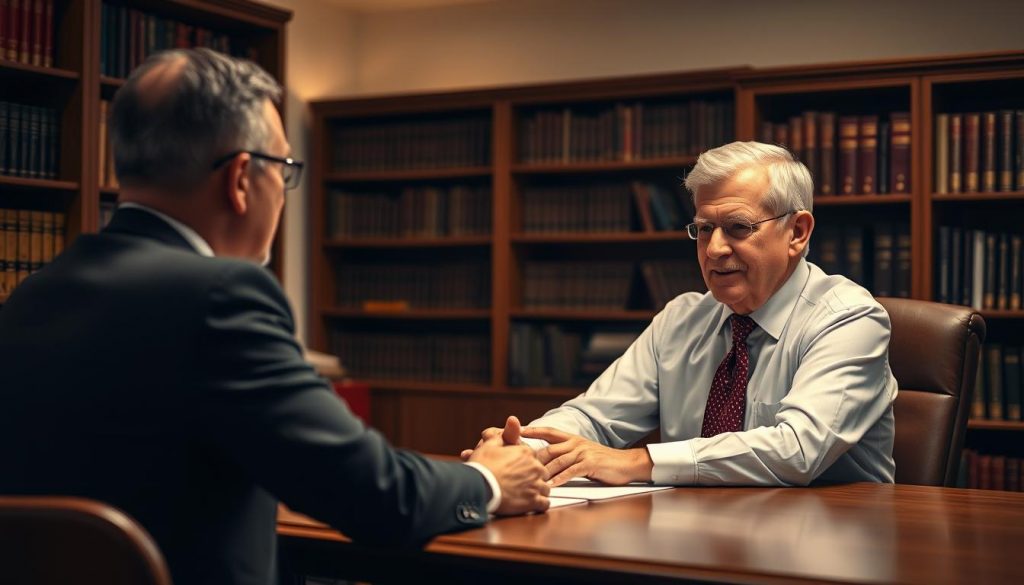 A well-lit interior office setting with a professional-looking power of attorney solicitor seated at a wooden desk, deep in discussion with a client. The solicitor's face is warm and engaging, exuding an air of expertise and trustworthiness. The client, seated across the desk, appears attentive and thoughtful. Bookcases line the walls, adding a sense of authority and credibility to the scene. Warm, directional lighting illuminates the faces of the two individuals, creating depth and highlighting the importance of their conversation. The composition is balanced, with the solicitor and client positioned at an angle, drawing the viewer's eye to the center of the frame.