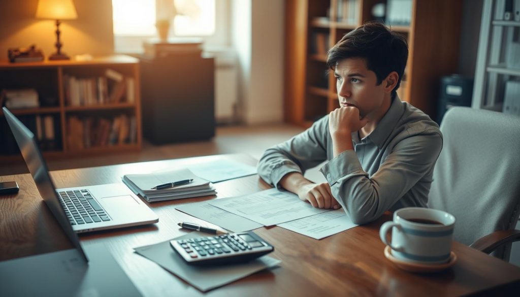 A well-lit interior scene with a wooden desk, a laptop, and financial documents scattered around. In the foreground, a person sits contemplating inheritance tax planning strategies, their face focused and pensive. On the desk, a calculator, a pen, and a cup of coffee suggest a thoughtful, analytical process. The background is softly blurred, with bookcases and filing cabinets hinting at the seriousness of the task at hand. Warm lighting from a nearby window creates a contemplative, professional atmosphere, emphasizing the importance of careful financial planning for the future. A well-lit interior scene with a wooden desk, a laptop, and financial documents scattered around. In the foreground, a person sits contemplating inheritance tax planning strategies, their face focused and pensive. On the desk, a calculator, a pen, and a cup of coffee suggest a thoughtful, analytical process. The background is softly blurred, with bookcases and filing cabinets hinting at the seriousness of the task at hand. Warm lighting from a nearby window creates a contemplative, professional atmosphere, emphasizing the importance of careful financial planning for the future.
