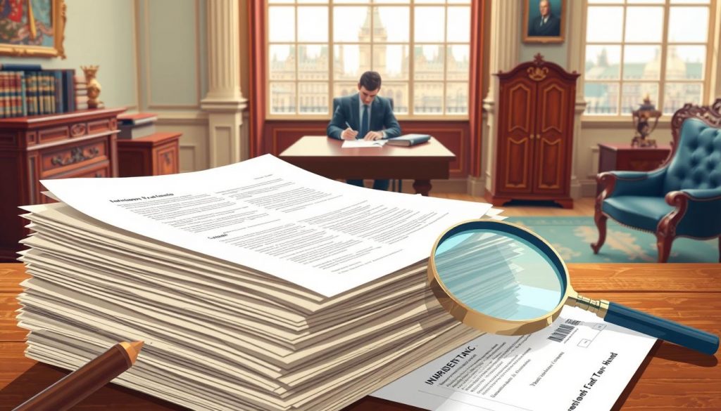 A well-lit, meticulously detailed digital illustration depicting the HMRC inheritance tax refund claim process. In the foreground, a neatly organized stack of official documents and forms, with a magnifying glass examining the fine print. In the middle ground, a person sitting at a desk, carefully filling out the necessary paperwork. The background shows a classic British government office interior, with ornate wooden furniture and a large window overlooking the cityscape. The overall atmosphere conveys a sense of diligence, professionalism, and the gravity of the inheritance tax refund proceedings. A well-lit, meticulously detailed digital illustration depicting the HMRC inheritance tax refund claim process. In the foreground, a neatly organized stack of official documents and forms, with a magnifying glass examining the fine print. In the middle ground, a person sitting at a desk, carefully filling out the necessary paperwork. The background shows a classic British government office interior, with ornate wooden furniture and a large window overlooking the cityscape. The overall atmosphere conveys a sense of diligence, professionalism, and the gravity of the inheritance tax refund proceedings.