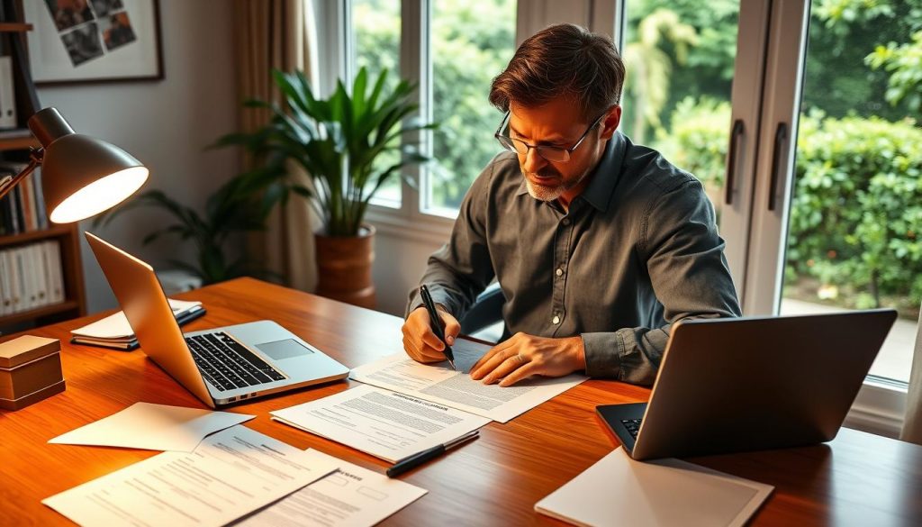 A well-lit, modern home office setting with a wooden desk, a laptop, and various legal documents and papers arranged neatly. A homeowner is carefully reviewing and signing paperwork, illustrating the process of setting up a trust to receive their property. The room has a warm, professional atmosphere, with soft lighting from a floor lamp and a large window overlooking a lush, green garden. The angle emphasizes the homeowner's focus and attention to detail, capturing the importance of the legal proceedings. The overall scene conveys the careful, thoughtful steps involved in transferring property to a trust. A well-lit, modern home office setting with a wooden desk, a laptop, and various legal documents and papers arranged neatly. A homeowner is carefully reviewing and signing paperwork, illustrating the process of setting up a trust to receive their property. The room has a warm, professional atmosphere, with soft lighting from a floor lamp and a large window overlooking a lush, green garden. The angle emphasizes the homeowner's focus and attention to detail, capturing the importance of the legal proceedings. The overall scene conveys the careful, thoughtful steps involved in transferring property to a trust.