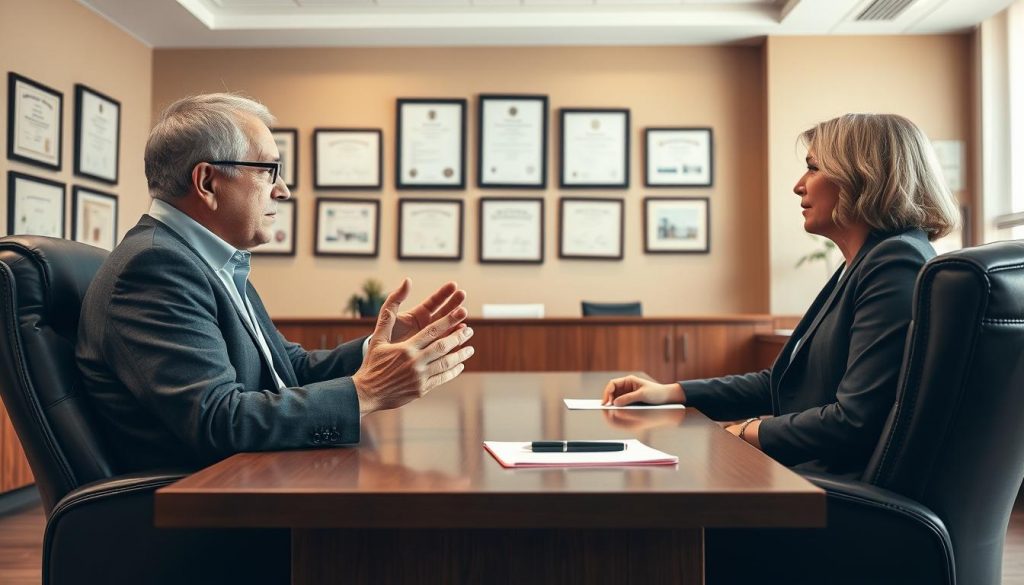 A well-lit, modern office interior with a large wooden desk and comfortable leather chairs. In the foreground, a mature, professional-looking man and woman sit across from each other, engaged in a serious discussion. The man gestures with his hands, explaining something intently, while the woman listens attentively, a pen and notepad in front of her. The background features framed diplomas and certifications on the walls, conveying a sense of expertise and authority. Warm, neutral tones create a calming atmosphere, and the lighting casts a soft, directional glow, drawing the viewer's focus to the central figures and their important conversation. A well-lit, modern office interior with a large wooden desk and comfortable leather chairs. In the foreground, a mature, professional-looking man and woman sit across from each other, engaged in a serious discussion. The man gestures with his hands, explaining something intently, while the woman listens attentively, a pen and notepad in front of her. The background features framed diplomas and certifications on the walls, conveying a sense of expertise and authority. Warm, neutral tones create a calming atmosphere, and the lighting casts a soft, directional glow, drawing the viewer's focus to the central figures and their important conversation.