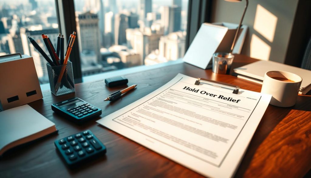 A well-lit office desk with a professional-looking application form titled "Hold Over Relief Application" prominently displayed. The form is surrounded by office supplies such as pens, a calculator, and a cup of coffee, suggesting a productive and focused work environment. In the background, a window overlooking a city skyline adds an air of professionalism and suggests the applicant's potential for success. The lighting is warm and natural, creating a calming and inviting atmosphere. The overall composition conveys a sense of opportunity, diligence, and the potential for positive change.