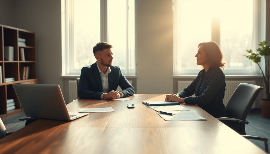 A well-lit office interior, a wooden desk at the center with a laptop, legal documents, and a pen. Across the desk, two people sit facing each other, engaged in a serious discussion. Soft natural light streams in through large windows, casting a warm glow. The figures' expressions convey a sense of trust and open communication, as they navigate the steps of trust liquidation. The background is subtly blurred, keeping the focus on the interaction between the individuals. A well-lit office interior, a wooden desk at the center with a laptop, legal documents, and a pen. Across the desk, two people sit facing each other, engaged in a serious discussion. Soft natural light streams in through large windows, casting a warm glow. The figures' expressions convey a sense of trust and open communication, as they navigate the steps of trust liquidation. The background is subtly blurred, keeping the focus on the interaction between the individuals.