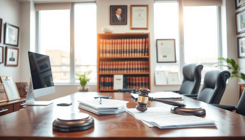 A well-lit office interior, sunlight streaming through large windows. In the foreground, a wooden desk with a computer, pen, and papers neatly arranged. On the desk, a gavel and a stack of legal documents, symbolizing the power and responsibility of a property attorney. In the middle ground, a bookshelf filled with law books, conveying expertise and authority. The background features framed certificates and awards, highlighting the attorney's qualifications and experience. The overall atmosphere is professional, sophisticated, and imbued with a sense of trust and reliability.