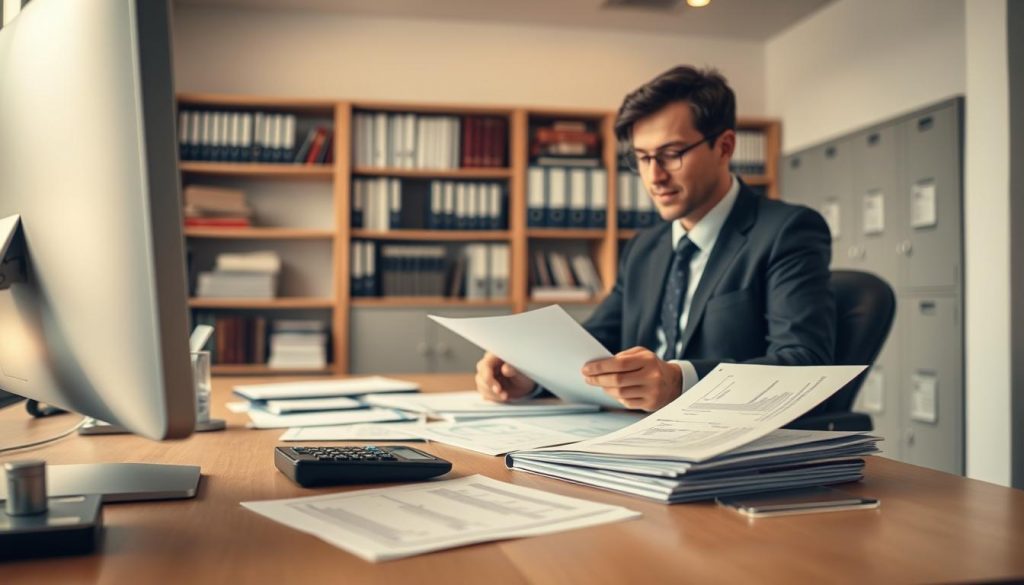 A well-lit office interior, with a desk featuring a computer, paperwork, and a calculator. In the foreground, a professional-looking person in a suit reviewing financial documents. Behind them, bookshelves and filing cabinets line the walls, conveying an atmosphere of trust, expertise, and meticulous record-keeping. Soft, warm lighting creates a sense of professionalism and attention to detail. The overall scene reflects the carefully managed and transparent nature of trust accounting services. A well-lit office interior, with a desk featuring a computer, paperwork, and a calculator. In the foreground, a professional-looking person in a suit reviewing financial documents. Behind them, bookshelves and filing cabinets line the walls, conveying an atmosphere of trust, expertise, and meticulous record-keeping. Soft, warm lighting creates a sense of professionalism and attention to detail. The overall scene reflects the carefully managed and transparent nature of trust accounting services.