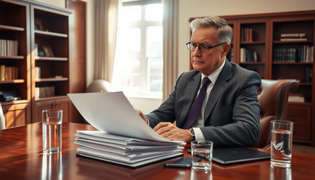 A well-lit office interior with a large wooden desk, leather chair, and a pair of bookshelves in the background. On the desk, a stack of documents, a pen, and a laptop sit next to a glass of water. A middle-aged person in business attire is thoughtfully studying the documents, their face expressing a contemplative focus. Sunlight streams in through a window, casting a warm glow and highlighting the professionalism of the scene. The atmosphere conveys a sense of diligence and care as the person navigates the trust fund setup process.