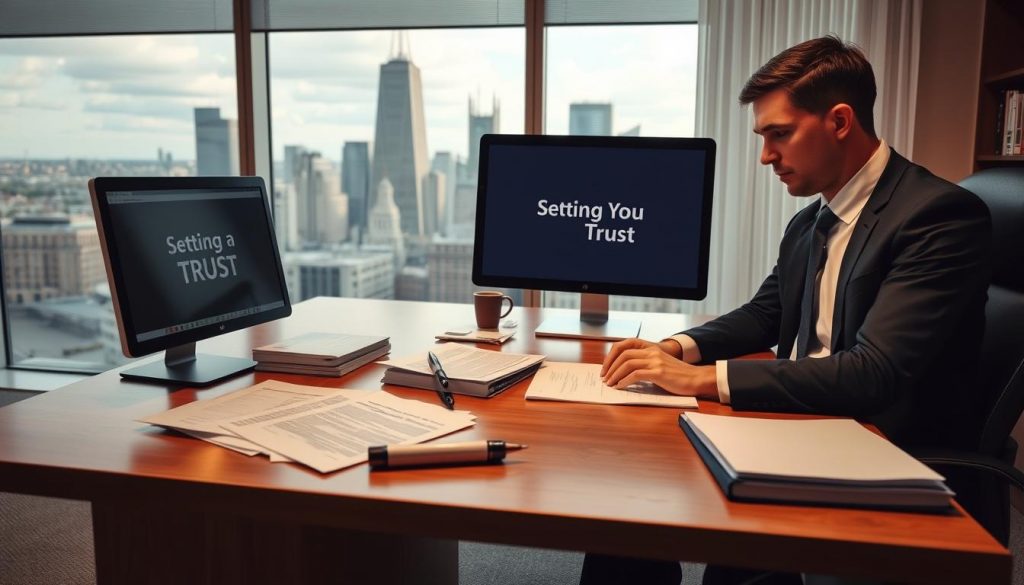 A well-lit office interior with a wooden desk and a large window overlooking a bustling city skyline. On the desk, various legal documents and a computer monitor display information about setting up a trust. A professional-looking person, dressed in business attire, is seated at the desk, focused on the task at hand. Soft, warm lighting casts a contemplative atmosphere, suggesting the importance and complexity of the trust establishment process. The composition emphasizes the diligence and expertise required to navigate the legal and financial aspects of establishing a trust in the UK. A well-lit office interior with a wooden desk and a large window overlooking a bustling city skyline. On the desk, various legal documents and a computer monitor display information about setting up a trust. A professional-looking person, dressed in business attire, is seated at the desk, focused on the task at hand. Soft, warm lighting casts a contemplative atmosphere, suggesting the importance and complexity of the trust establishment process. The composition emphasizes the diligence and expertise required to navigate the legal and financial aspects of establishing a trust in the UK.