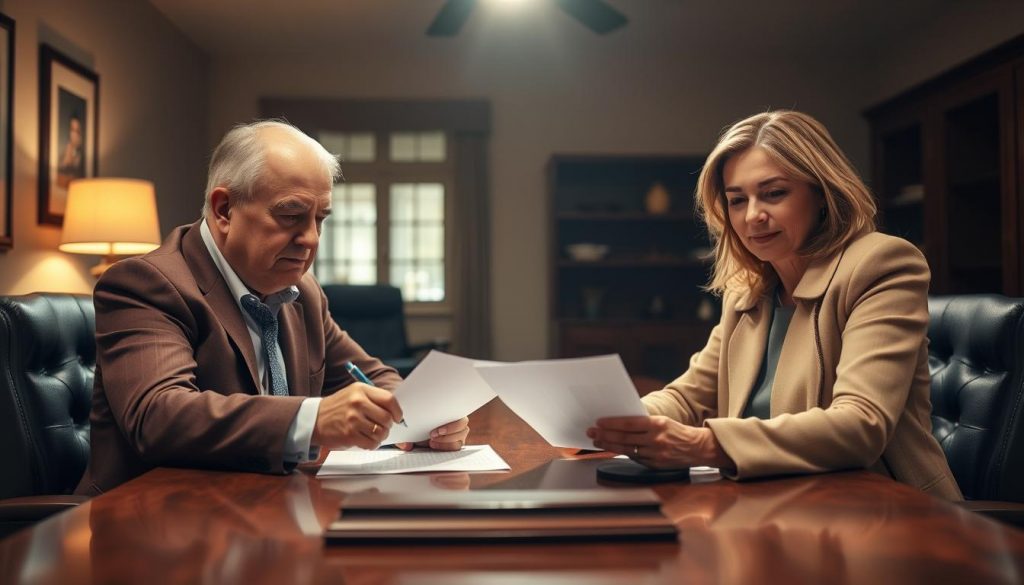 A well-lit office interior, with a wooden desk and chairs. Two individuals, a middle-aged man and woman, sit across from each other, intently studying and signing official-looking documents - a power of attorney agreement. Their expressions are serious, yet there is a sense of trust and cooperation between them. The lighting is warm and focused, casting subtle shadows that add depth and drama to the scene. The background is slightly blurred, drawing the viewer's attention to the central action. The overall atmosphere conveys the gravity and importance of the legal proceedings taking place.