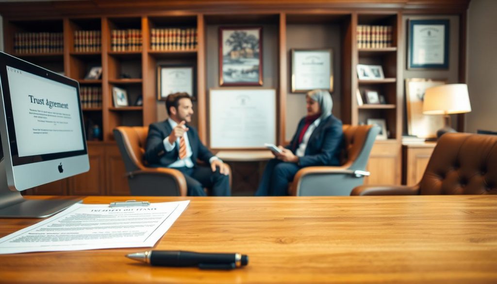 A well-lit office interior, with a wooden desk and leather chairs. On the desk, documents and a pen lie next to a computer monitor displaying legal trust agreement paperwork. In the middle ground, a financial advisor in a suit gestures while discussing the details with a couple seated across from them. The background features shelves of law books and framed legal certificates, conveying an atmosphere of professionalism and security. Soft, warm lighting illuminates the scene, creating a sense of trust and confidence in the property transfer process. A well-lit office interior, with a wooden desk and leather chairs. On the desk, documents and a pen lie next to a computer monitor displaying legal trust agreement paperwork. In the middle ground, a financial advisor in a suit gestures while discussing the details with a couple seated across from them. The background features shelves of law books and framed legal certificates, conveying an atmosphere of professionalism and security. Soft, warm lighting illuminates the scene, creating a sense of trust and confidence in the property transfer process.