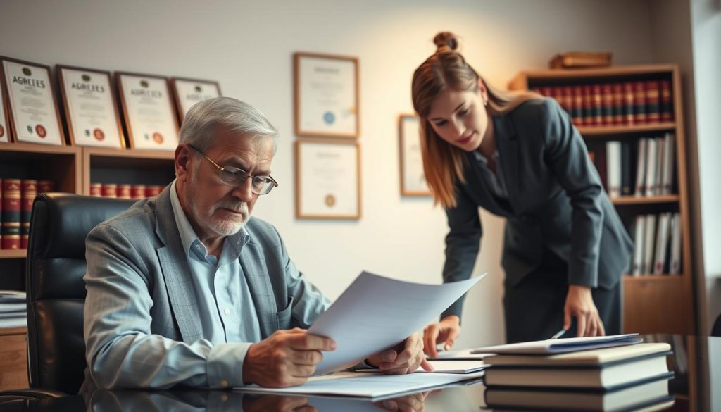 A well-lit office setting with a formal, professional atmosphere. In the foreground, a mature adult sits at a desk, carefully reviewing documents and signing forms. Their expression conveys a sense of focus and responsibility. In the middle ground, a younger adult, presumably a legal advisor, leans over the desk, providing guidance and explanations. The background features shelves of legal volumes and accredited certificates, instilling a sense of authority and expertise. Soft, diffused lighting casts a warm glow, creating a serene and trustworthy ambiance. The overall scene captures the process of diligently setting up a power of attorney in the UK.