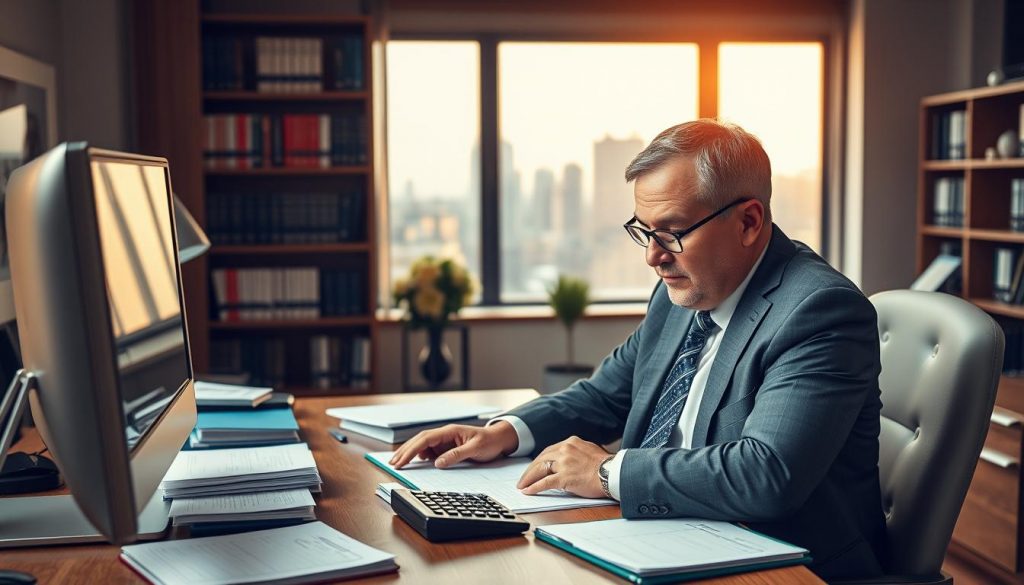 A well-lit office setting with a wooden desk, ledgers, and a desktop computer. In the foreground, a trustworthy-looking accountant in a suit and tie, concentrating intently on their work, surrounded by financial documents and calculators. The middle ground features a bookshelf filled with financial and accounting volumes, conveying expertise and professionalism. The background showcases a window overlooking a cityscape, suggesting a successful, bustling practice. The lighting is warm and inviting, creating a professional and competent atmosphere. A well-lit office setting with a wooden desk, ledgers, and a desktop computer. In the foreground, a trustworthy-looking accountant in a suit and tie, concentrating intently on their work, surrounded by financial documents and calculators. The middle ground features a bookshelf filled with financial and accounting volumes, conveying expertise and professionalism. The background showcases a window overlooking a cityscape, suggesting a successful, bustling practice. The lighting is warm and inviting, creating a professional and competent atmosphere.