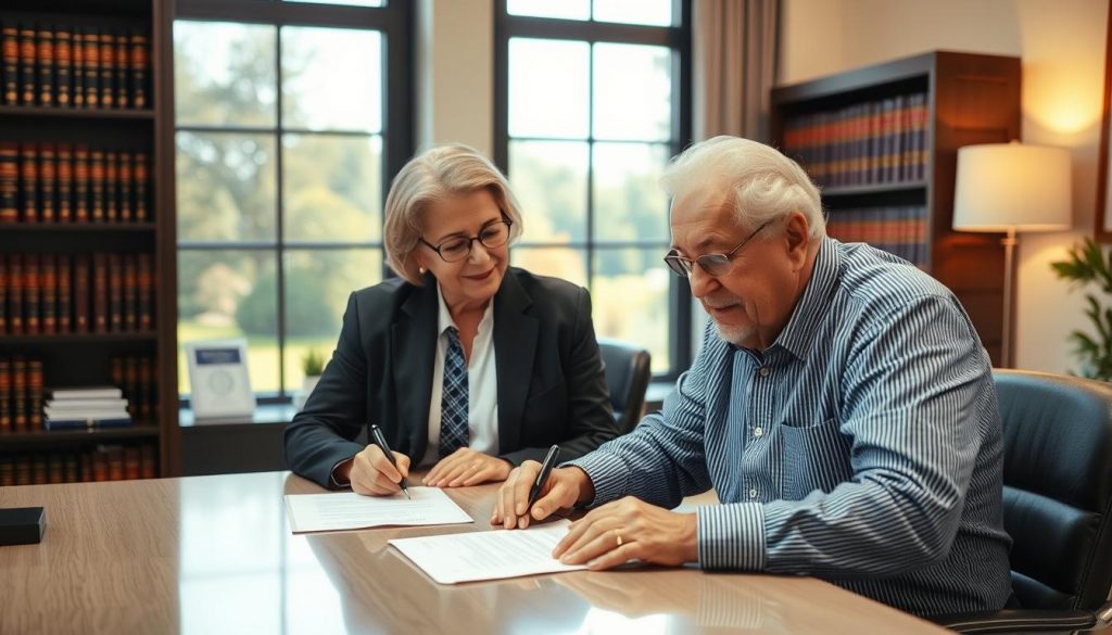 A well-lit office setting with an elderly person seated at a desk, signing important documents. In the foreground, a professional attorney stands beside them, providing guidance and explanations. The attorney's attire exudes an air of authority and trustworthiness. In the background, a bookshelf filled with legal tomes and a window overlooking a serene outdoor scene, creating a sense of tranquility and secure professionalism. The lighting is warm and inviting, emphasizing the collaborative nature of the attorney-client relationship. The overall scene conveys the attorney's responsibility to safeguard the elderly person's interests and ensure a secure future. A well-lit office setting with an elderly person seated at a desk, signing important documents. In the foreground, a professional attorney stands beside them, providing guidance and explanations. The attorney's attire exudes an air of authority and trustworthiness. In the background, a bookshelf filled with legal tomes and a window overlooking a serene outdoor scene, creating a sense of tranquility and secure professionalism. The lighting is warm and inviting, emphasizing the collaborative nature of the attorney-client relationship. The overall scene conveys the attorney's responsibility to safeguard the elderly person's interests and ensure a secure future.