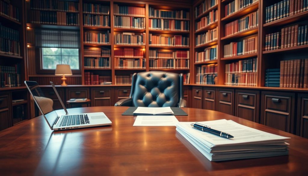 A well-lit office space, with a large, mahogany desk at the center. On the desk, a laptop, a pen, and a stack of legal documents. In the background, floor-to-ceiling bookshelves line the walls, casting a warm, scholarly glow. A comfortable leather chair sits behind the desk, suggesting the presence of a thoughtful, responsible business owner. The room's atmosphere conveys a sense of trust, security, and diligent management of assets, reflecting the careful stewardship that comes with operating a business under a trust. A well-lit office space, with a large, mahogany desk at the center. On the desk, a laptop, a pen, and a stack of legal documents. In the background, floor-to-ceiling bookshelves line the walls, casting a warm, scholarly glow. A comfortable leather chair sits behind the desk, suggesting the presence of a thoughtful, responsible business owner. The room's atmosphere conveys a sense of trust, security, and diligent management of assets, reflecting the careful stewardship that comes with operating a business under a trust.
