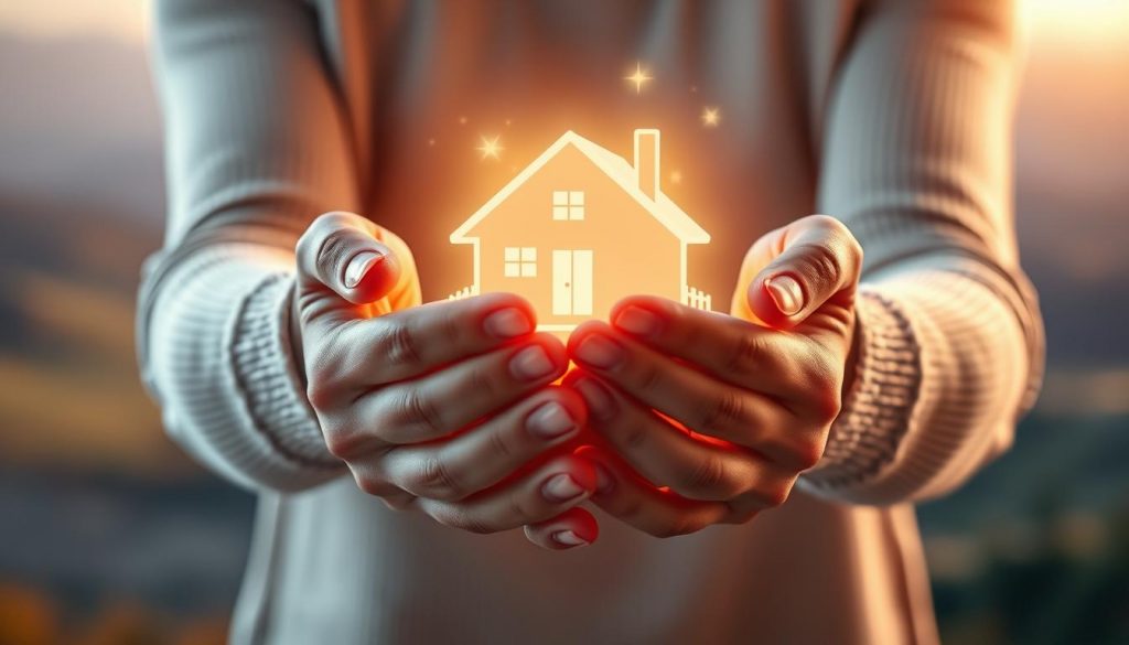 A well-lit, photorealistic illustration of a person's hands embracing a glowing, translucent depiction of a residential property, symbolizing the benefits of using gift hold-over relief to avoid capital gains tax when transferring property. The scene has a warm, serene atmosphere, with soft, directional lighting accentuating the hands and the property. The background is a subtle, blurred landscape, hinting at the real-world context. The overall composition conveys the idea of financial protection and the preservation of assets through the use of this tax-saving strategy.