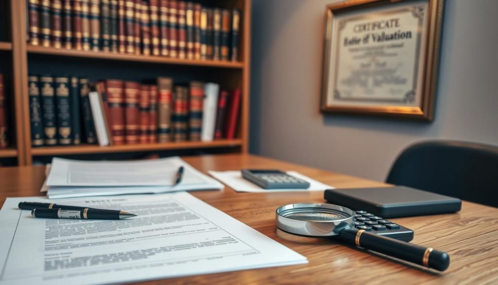A well-lit, professional-looking image of a wooden table with various documents, calculators, and a magnifying glass. In the background, a bookshelf filled with law books and a framed certificate on the wall, suggesting a legal or financial setting. The focus is on the paperwork and tools used for estate valuation, conveying a sense of serious analysis and attention to detail required for inheritance tax assessment. A well-lit, professional-looking image of a wooden table with various documents, calculators, and a magnifying glass. In the background, a bookshelf filled with law books and a framed certificate on the wall, suggesting a legal or financial setting. The focus is on the paperwork and tools used for estate valuation, conveying a sense of serious analysis and attention to detail required for inheritance tax assessment.