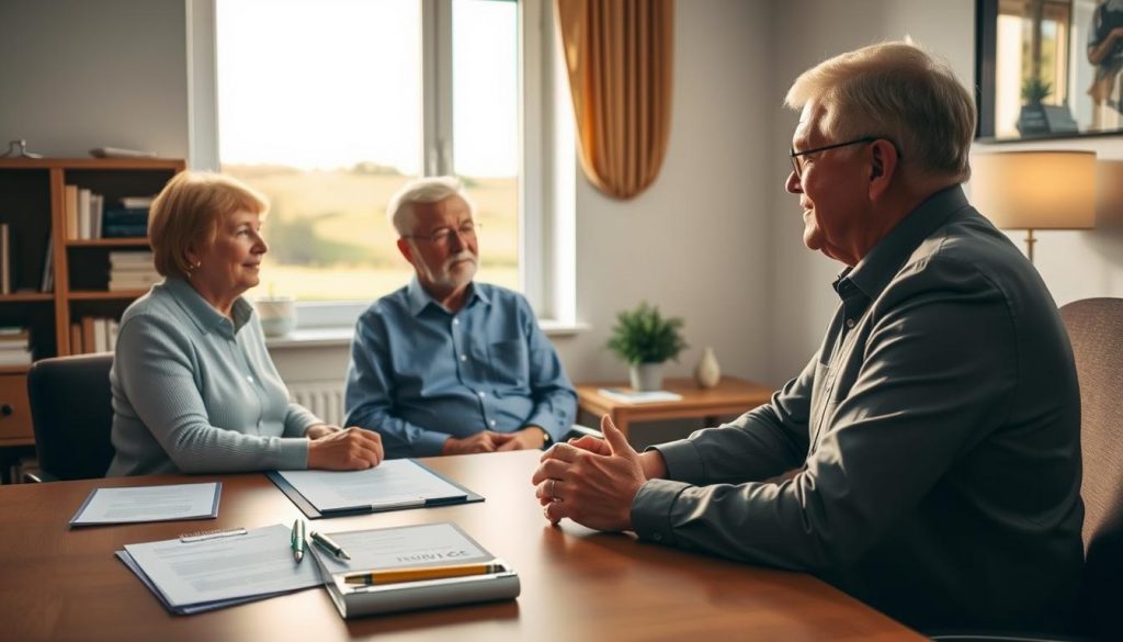 A well-lit, professional-looking scene depicting the power of attorney financial planning process. In the foreground, a senior couple sitting across a desk, engaged in discussion with a financial advisor. On the desk, documents and a pen lay organized, symbolizing the legal and financial aspects. In the middle ground, a bookshelf with financial planning resources, and a window overlooking a serene, pastoral landscape. Warm, natural lighting casts a gentle glow, conveying a sense of trust and care. The overall mood is one of thoughtful, responsible planning for the couple's future.