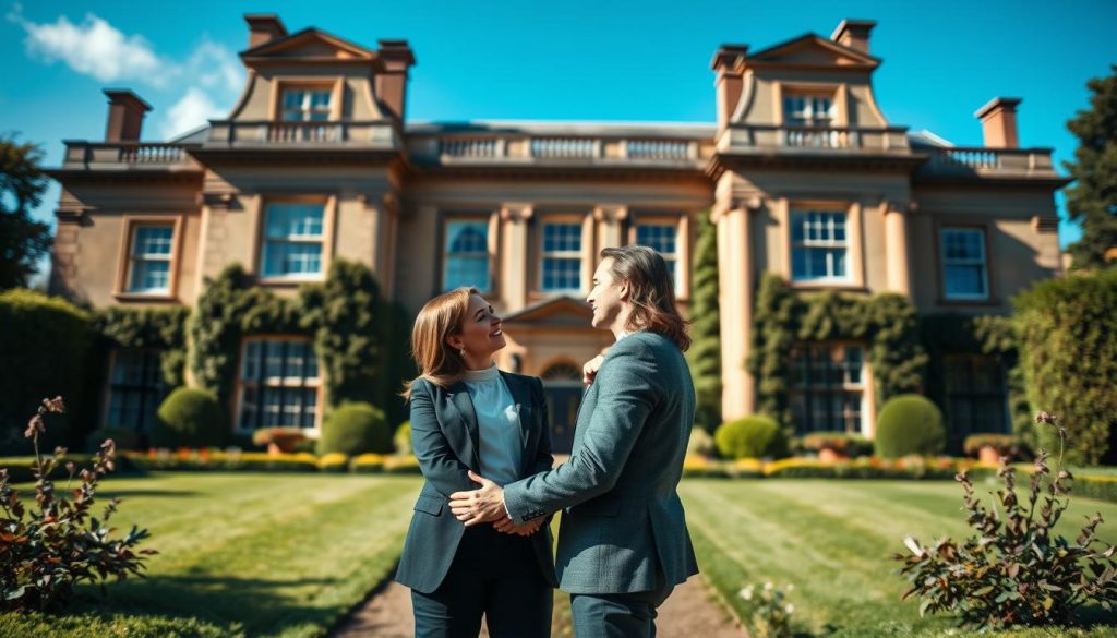 A well-lit, professionally-photographed image of a married couple standing in front of a stately British home, their arms around each other, a sense of security and togetherness emanating from the scene. The foreground features the couple, smartly dressed, gazing lovingly at one another. The middle ground shows the ornate, historic architecture of the home, with its grand windows and stately columns. The background depicts a lush, verdant garden, with a clear blue sky overhead, conveying a sense of tranquility and prosperity. The overall mood is one of domestic bliss and financial security, reflecting the spouse exemption for inheritance tax in the UK.