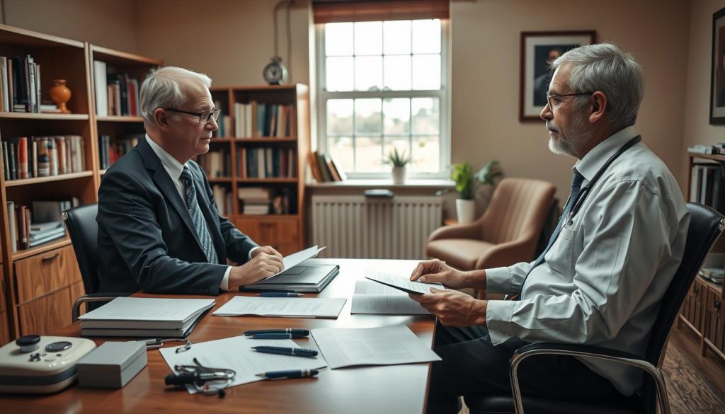 A well-lit, realistic scene depicting a mental capacity assessment process. The foreground shows a professional healthcare provider, dressed in formal attire, conducting a series of cognitive tests with an elderly patient sitting across a desk. The patient's facial expression conveys a sense of focus and engagement. The middle ground showcases various medical instruments and documents related to the assessment. The background features a cozy, warm-toned office setting with bookshelves, a window providing natural lighting, and subtle details that convey a sense of trust and care. The overall atmosphere is one of a thoughtful, empathetic evaluation aimed at understanding the patient's mental capabilities.