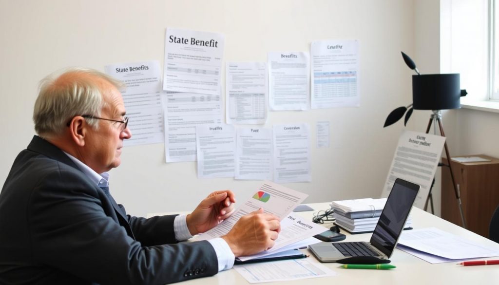 A well-lit, studio-style image of various state benefit documents and financial statements surrounding a person sitting at a desk, contemplating the impact of equity release on their government benefits. The foreground features an older adult, dressed professionally, pensively reviewing paperwork. The middle ground showcases a laptop, calculator, and other financial tools, while the background depicts a minimalist office setting with clean lines and neutral tones. The mood is one of thoughtful consideration, with careful attention paid to the potential trade-offs and implications of equity release on state-provided support. A well-lit, studio-style image of various state benefit documents and financial statements surrounding a person sitting at a desk, contemplating the impact of equity release on their government benefits. The foreground features an older adult, dressed professionally, pensively reviewing paperwork. The middle ground showcases a laptop, calculator, and other financial tools, while the background depicts a minimalist office setting with clean lines and neutral tones. The mood is one of thoughtful consideration, with careful attention paid to the potential trade-offs and implications of equity release on state-provided support.